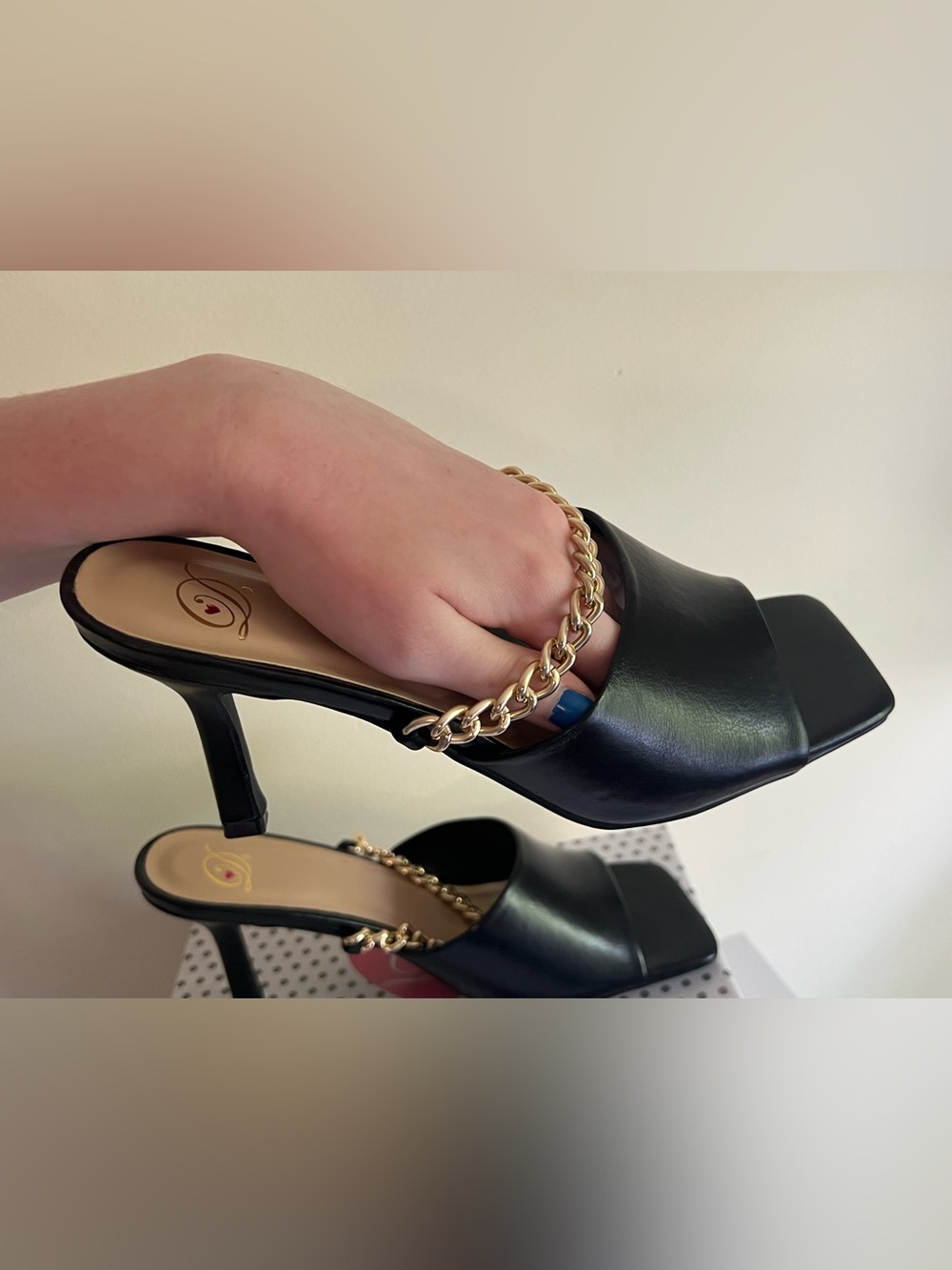 Black Leather Chain-Strap Heeled Mules Size 10